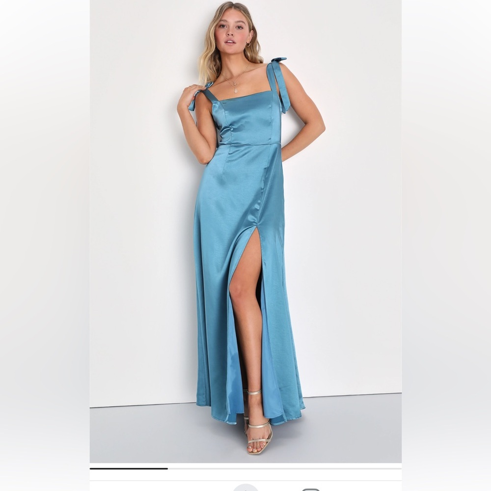 Made to Be Adored Teal Blue Satin Tie-Strap Maxi Dress